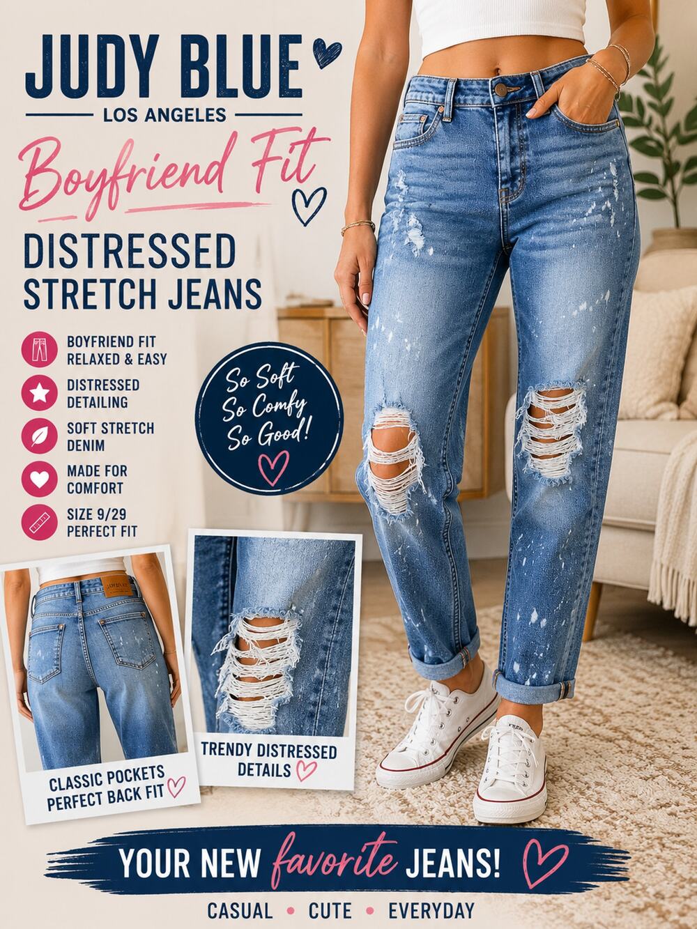 Judy Blue Boyfriend Fit Distressed Jeans Size 9/29 Stretch Denim Wash